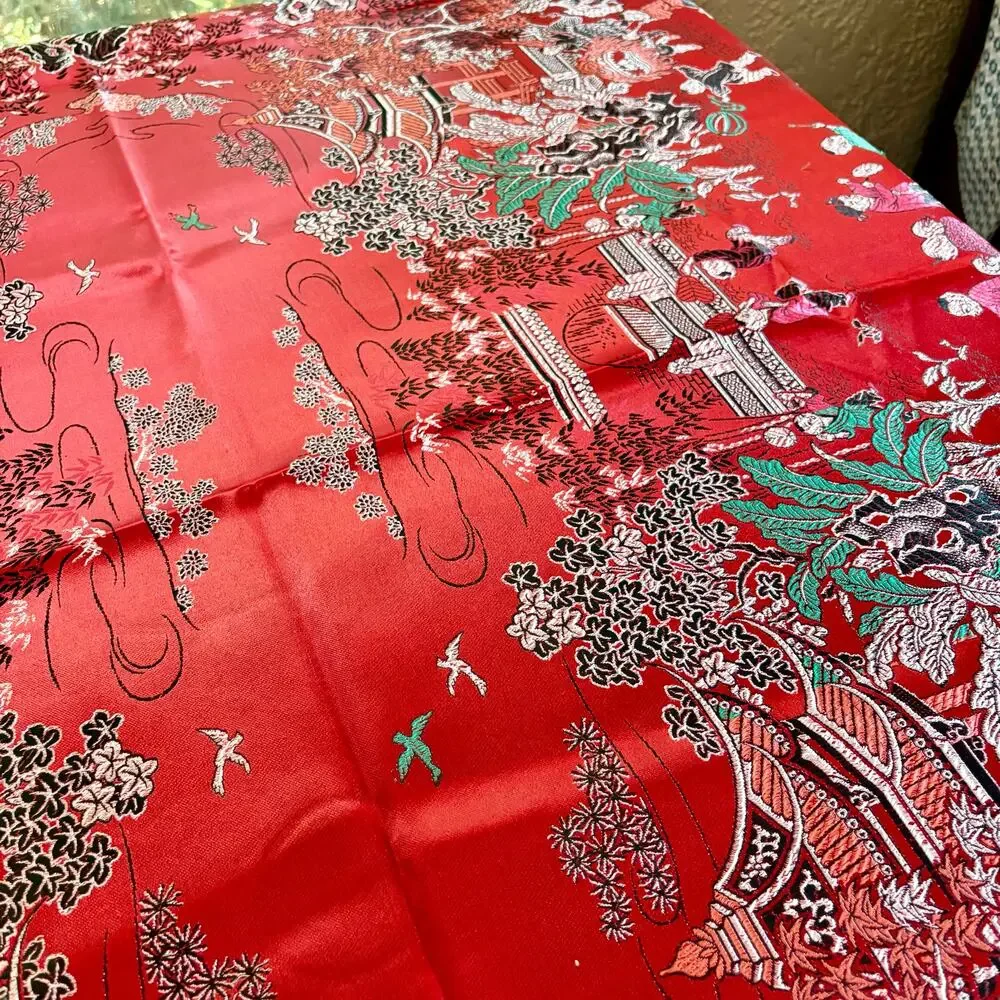 Vintage Chinese Scenic Fringed Tablecloth 74x55 Red Satin Brocade Shawl Tapestry
